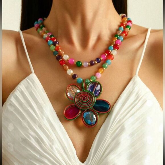 Rainbow Beaded Flower Pendant Necklace – Bold, Colorful & Totally Joyful - Picture 1 of 12